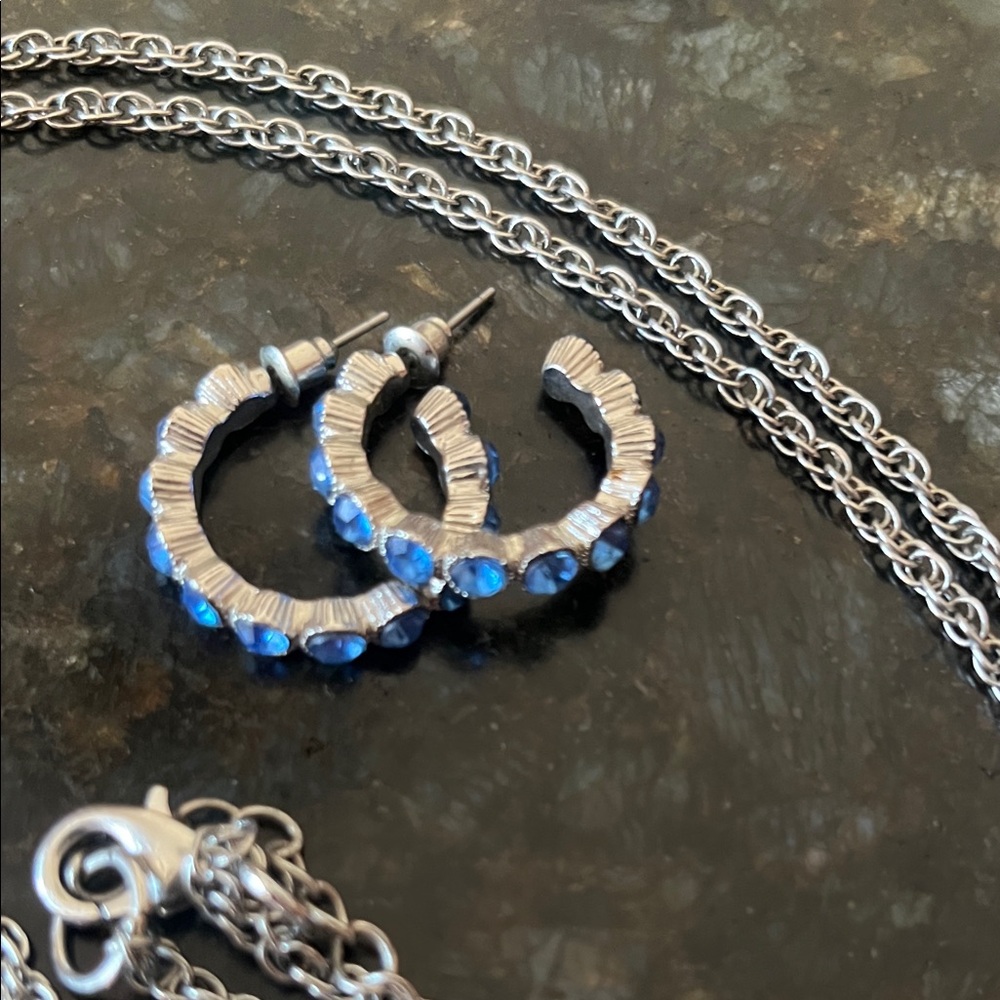 Cato Blue Rhinestone Heart Statement Necklace & Hoop Earrings Jewelry Set - Picture 3 of 6